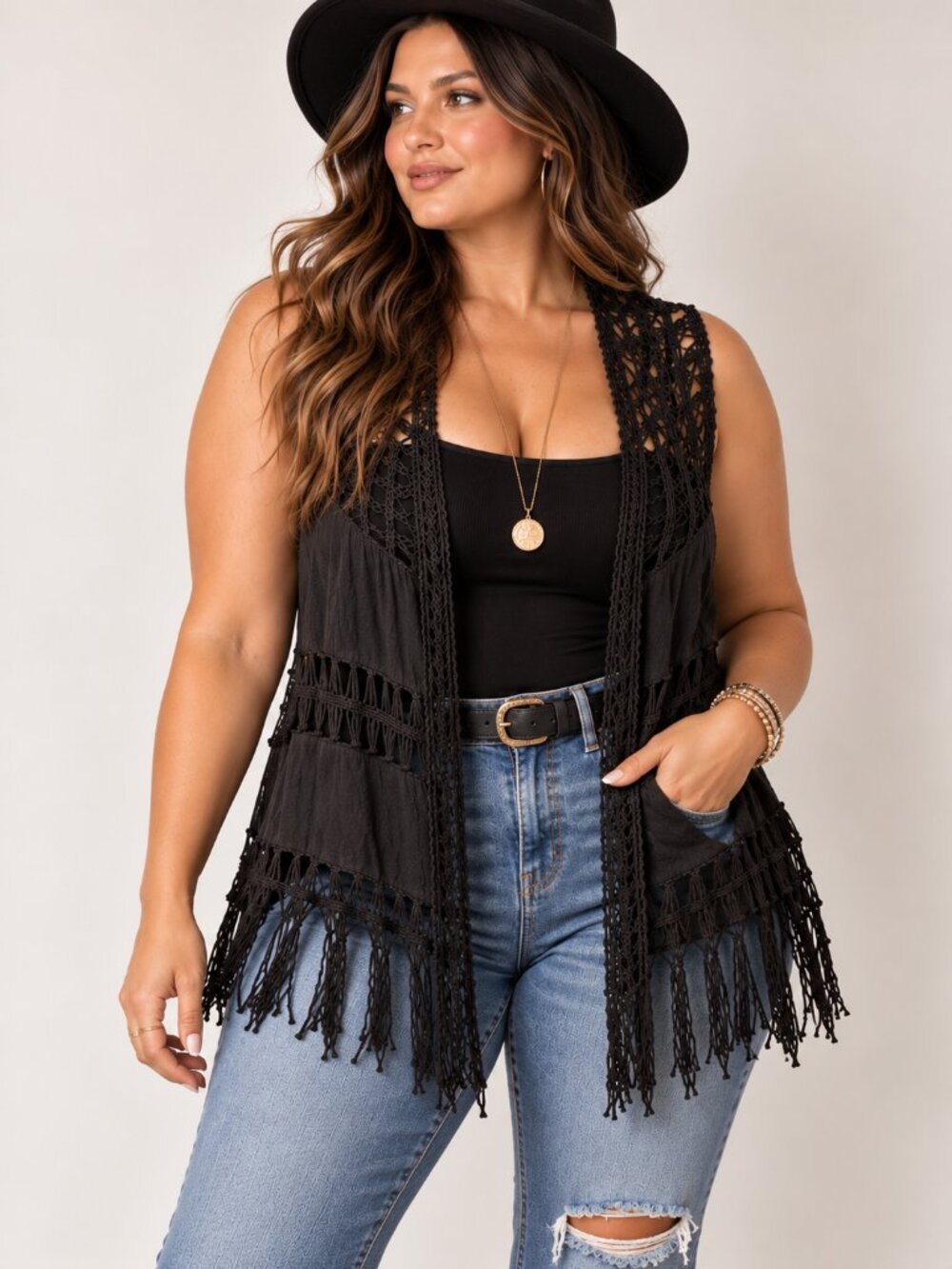 Ana & Rose Black Crochet Fringe Tunic 3X Boho Whimsigoth Festival Layering